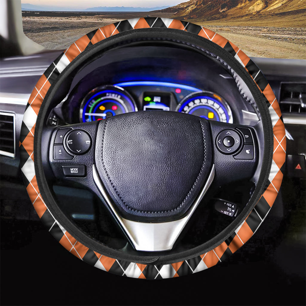 Orange White And Black Argyle Print Car Steering Wheel Cover
