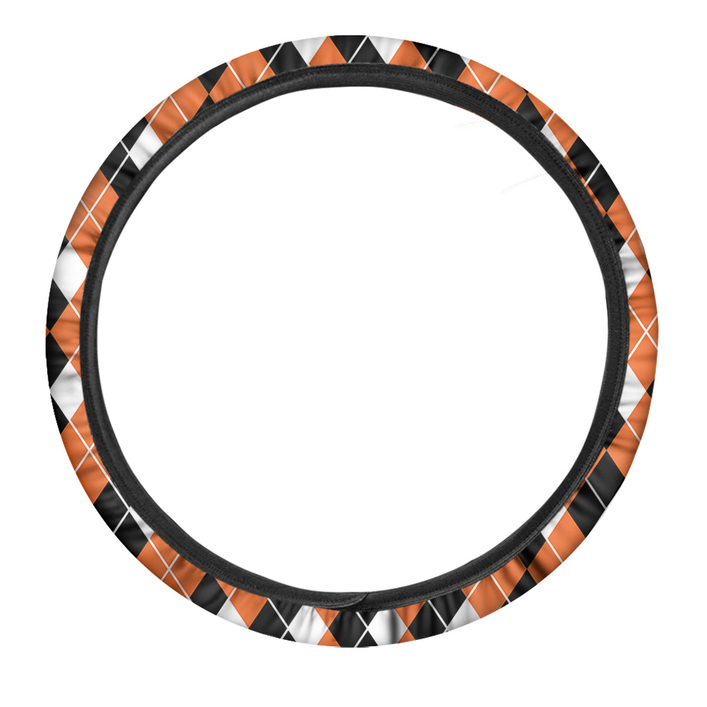 Orange White And Black Argyle Print Car Steering Wheel Cover