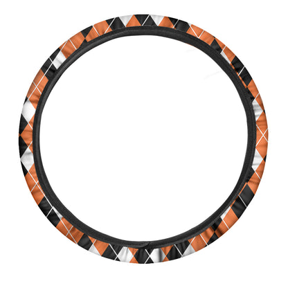 Orange White And Black Argyle Print Car Steering Wheel Cover