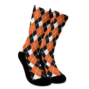 Orange White And Black Argyle Print Crew Socks