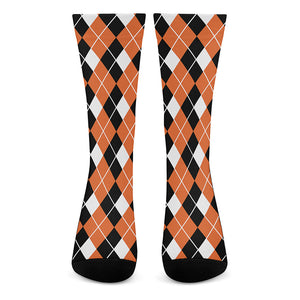 Orange White And Black Argyle Print Crew Socks