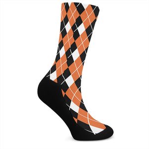 Orange White And Black Argyle Print Crew Socks