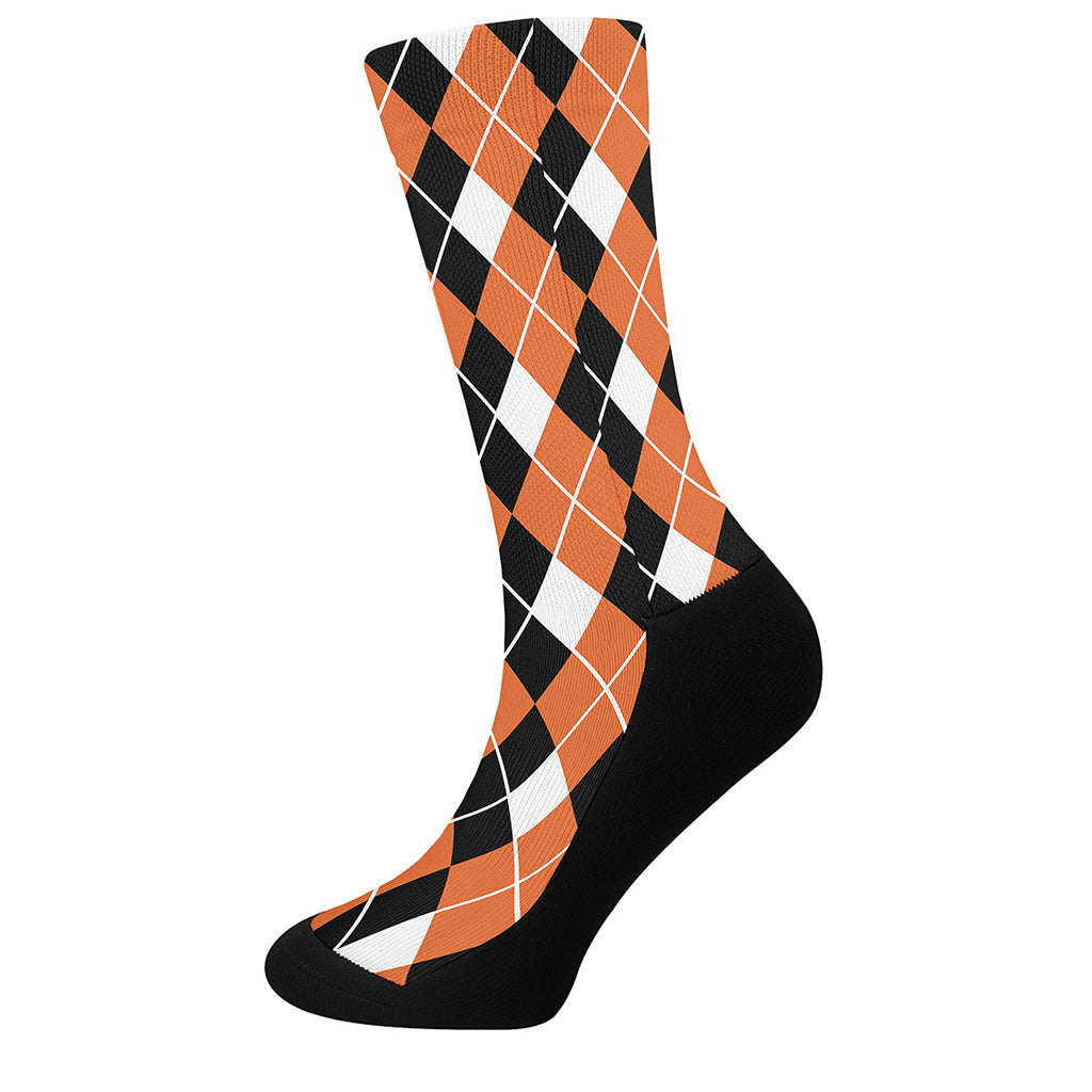 Orange White And Black Argyle Print Crew Socks