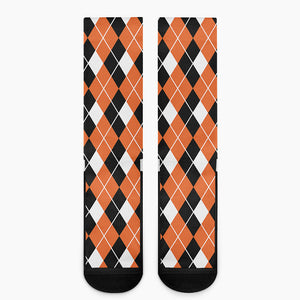 Orange White And Black Argyle Print Crew Socks