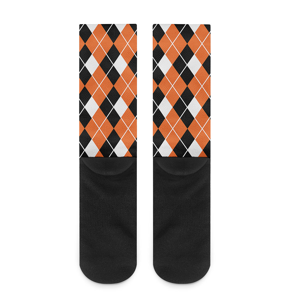 Orange White And Black Argyle Print Crew Socks