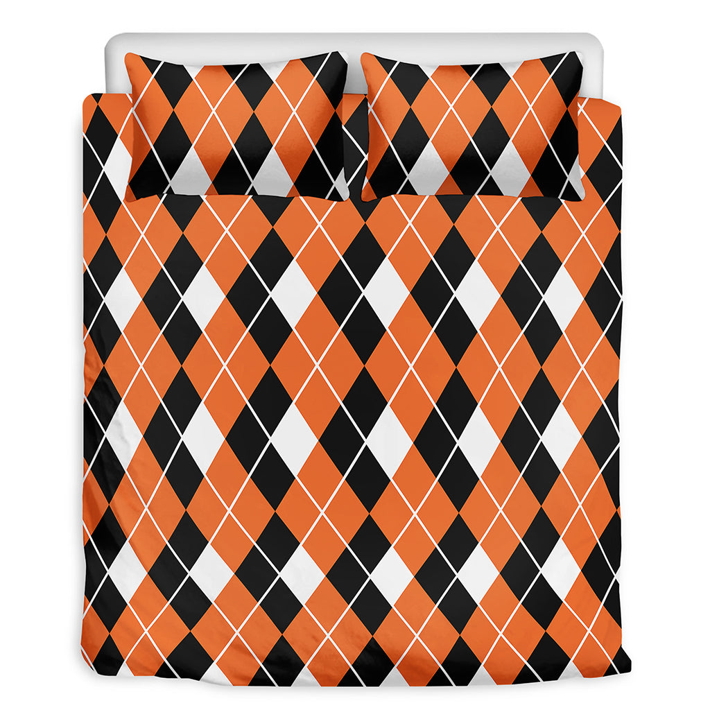 Orange White And Black Argyle Print Duvet Cover Bedding Set