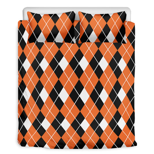 Orange White And Black Argyle Print Duvet Cover Bedding Set