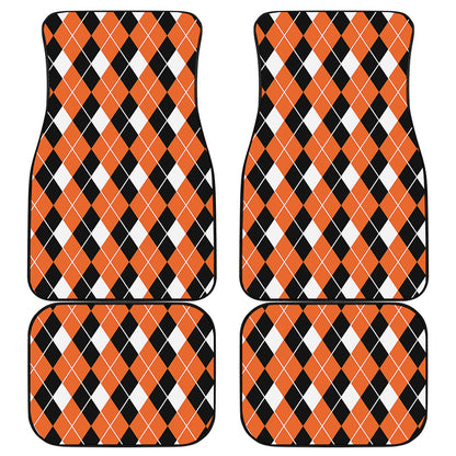 Orange White And Black Argyle Print Front and Back Car Floor Mats