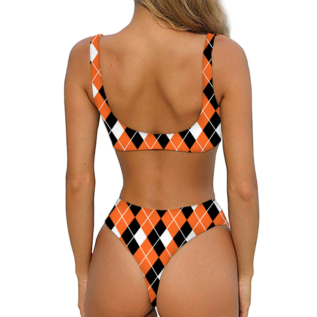 Orange White And Black Argyle Print Front Bow Tie Bikini