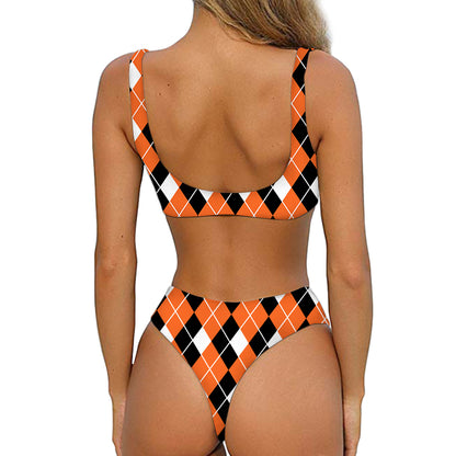 Orange White And Black Argyle Print Front Bow Tie Bikini