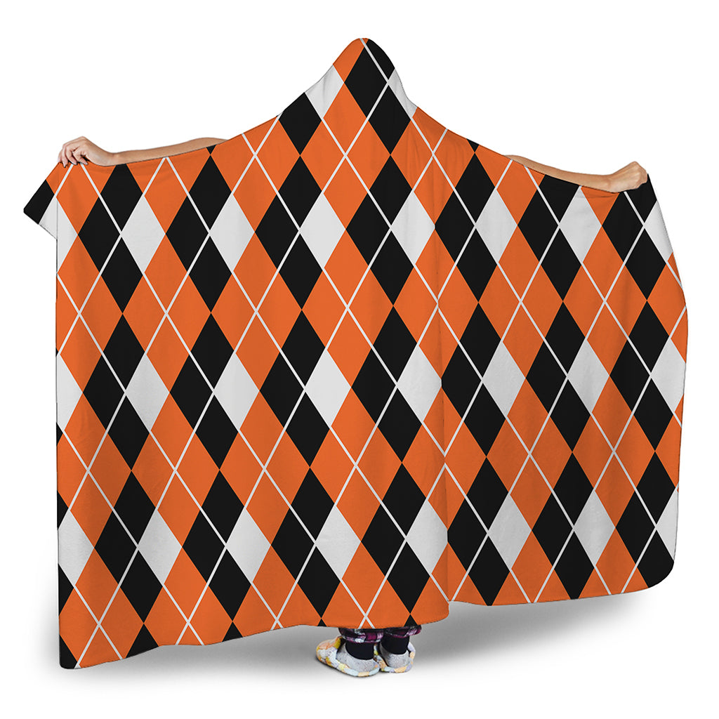Orange White And Black Argyle Print Hooded Blanket