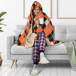 Orange White And Black Argyle Print Hooded Blanket