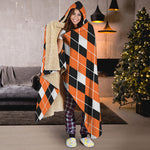 Orange White And Black Argyle Print Hooded Blanket