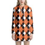 Orange White And Black Argyle Print Hoodie Dress