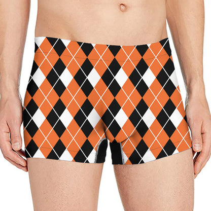 Orange White And Black Argyle Print Men's Boxer Briefs