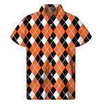 Orange White And Black Argyle Print Men's Short Sleeve Shirt