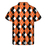Orange White And Black Argyle Print Men's Short Sleeve Shirt