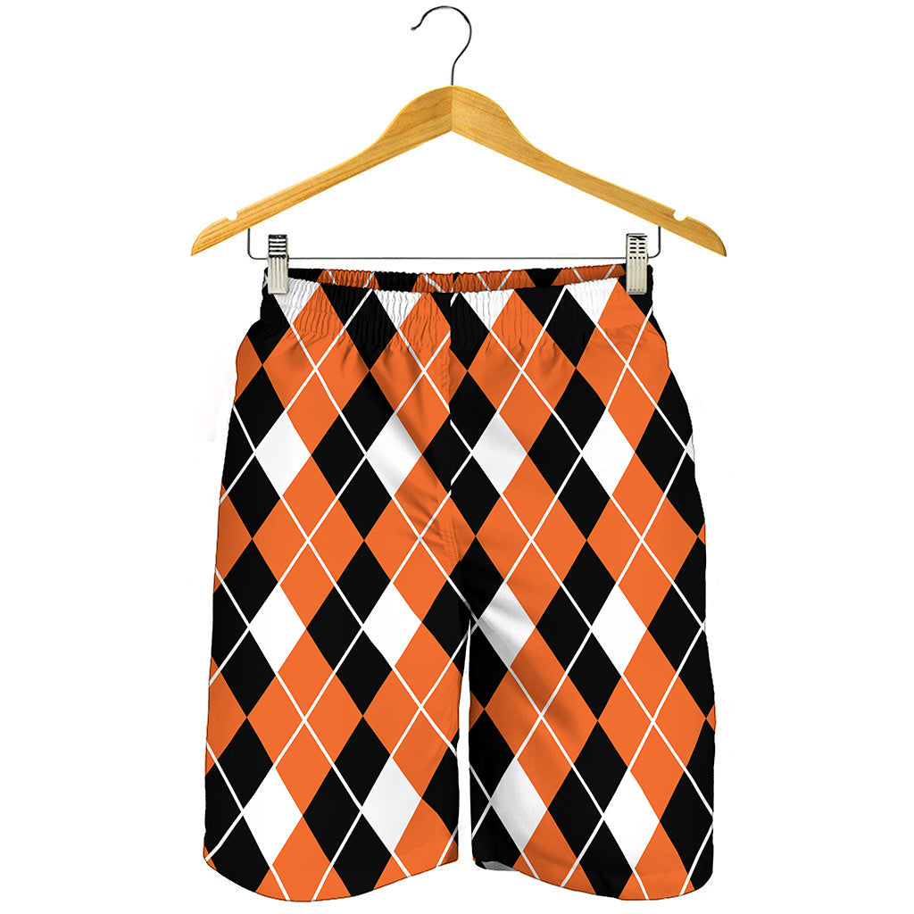 Orange White And Black Argyle Print Men's Shorts