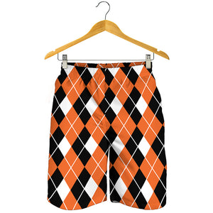 Orange White And Black Argyle Print Men's Shorts