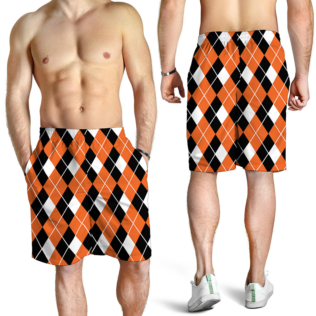 Orange White And Black Argyle Print Men's Shorts