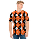 Orange White And Black Argyle Print Men's T-Shirt