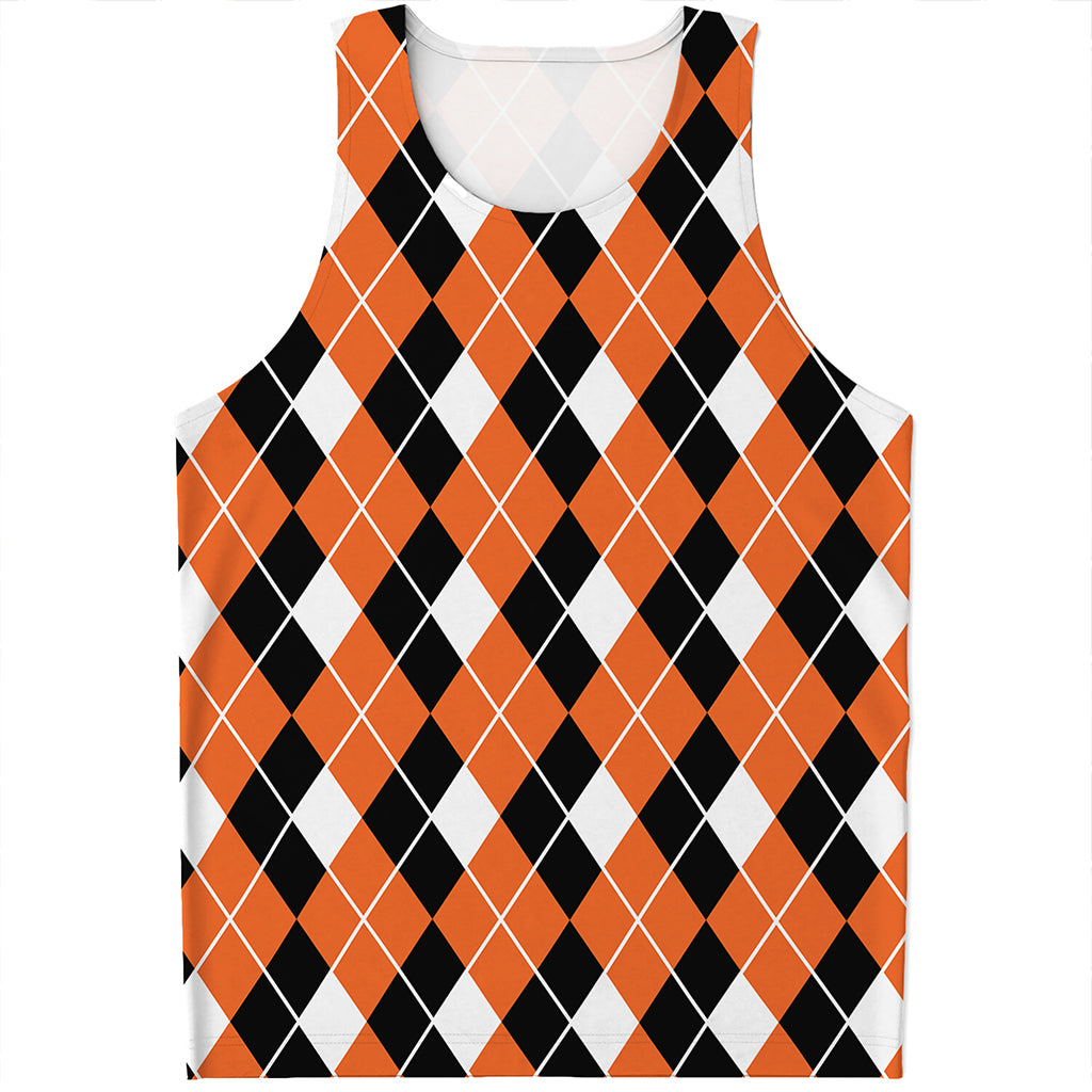 Orange White And Black Argyle Print Men's Tank Top