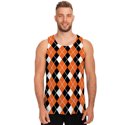 Orange White And Black Argyle Print Men's Tank Top