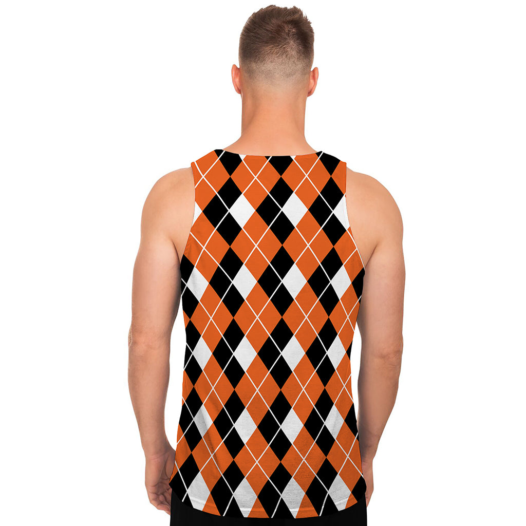 Orange White And Black Argyle Print Men's Tank Top