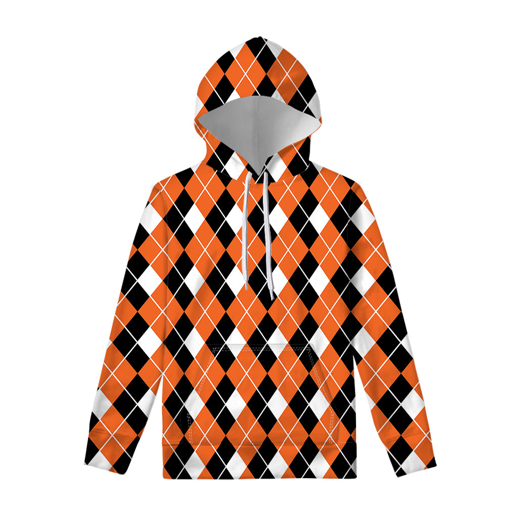 Orange White And Black Argyle Print Pullover Hoodie