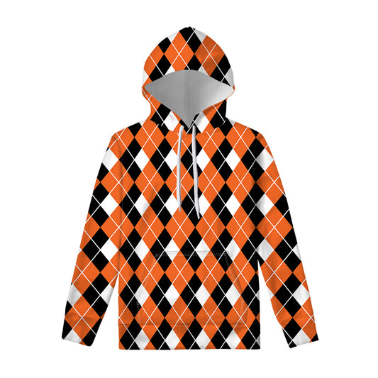 Orange White And Black Argyle Print Pullover Hoodie