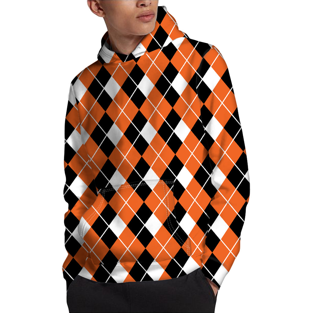 Orange White And Black Argyle Print Pullover Hoodie