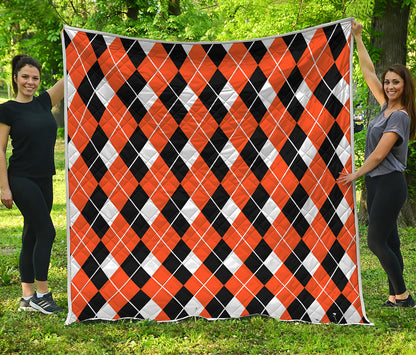 Orange White And Black Argyle Print Quilt