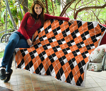 Orange White And Black Argyle Print Quilt