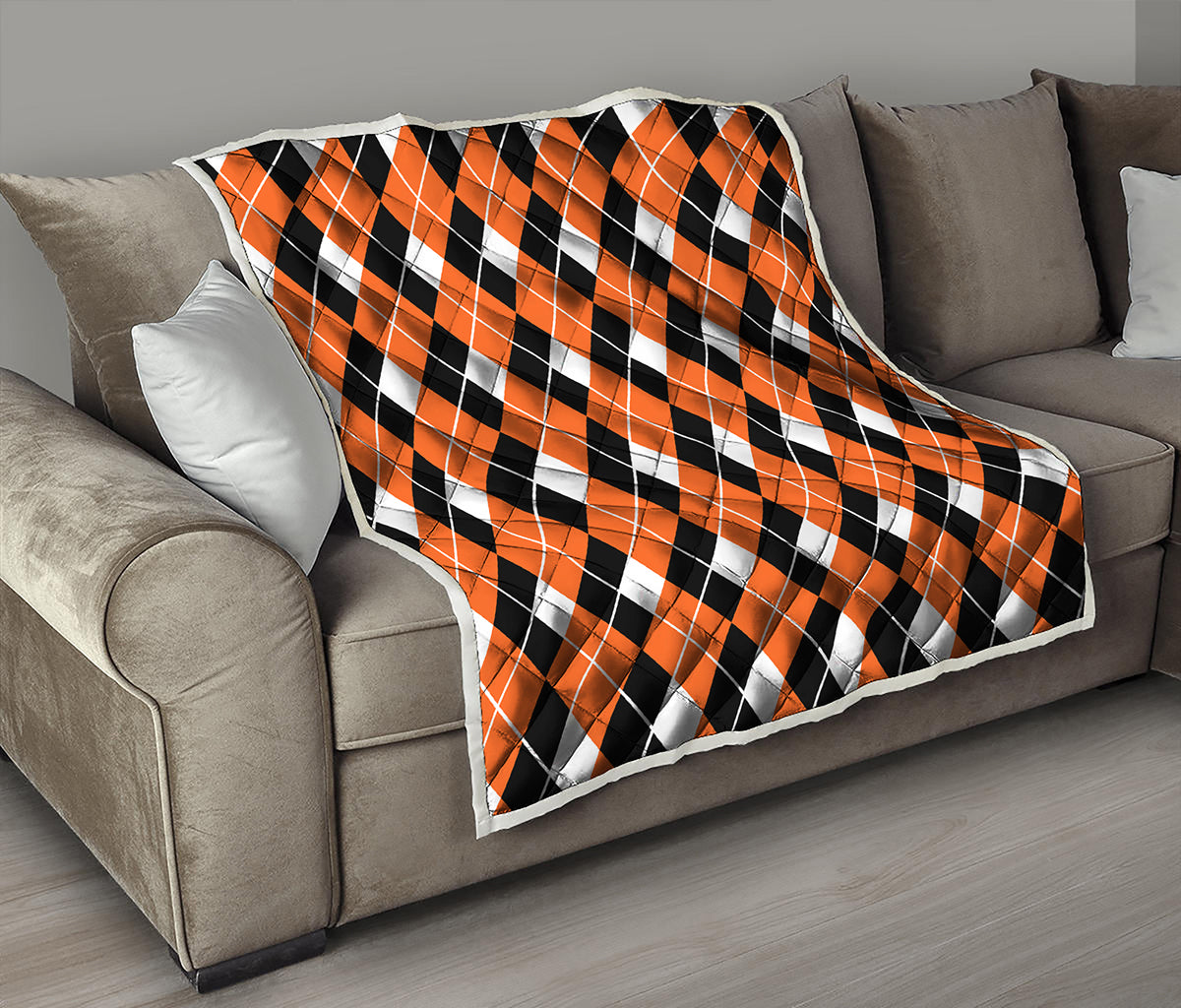 Orange White And Black Argyle Print Quilt