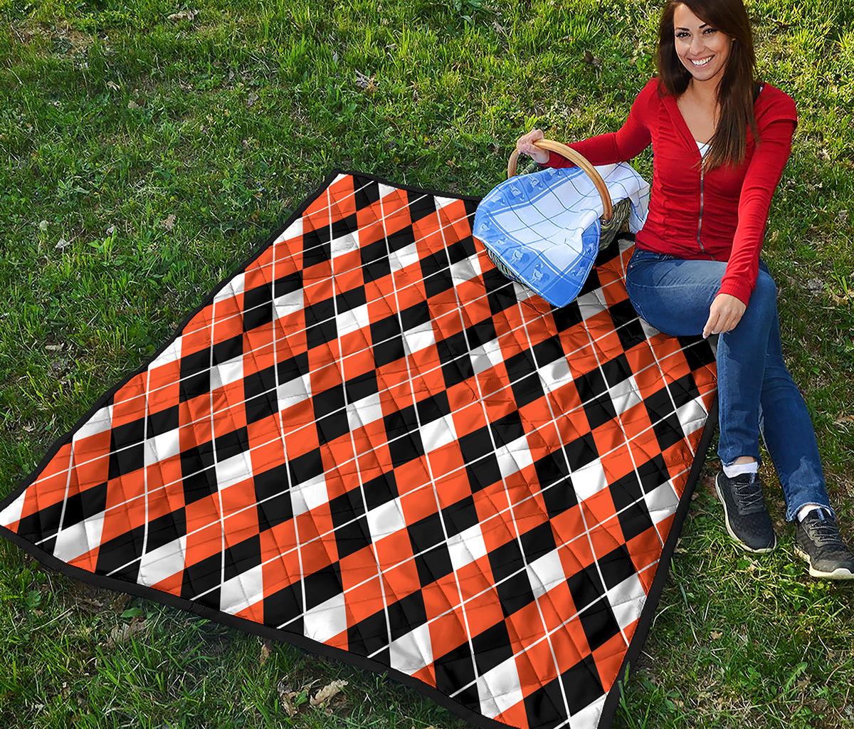 Orange White And Black Argyle Print Quilt
