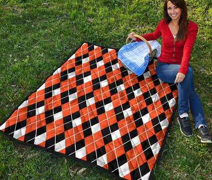 Orange White And Black Argyle Print Quilt