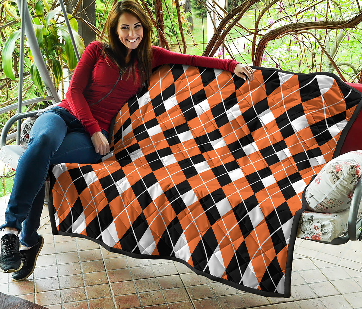 Orange White And Black Argyle Print Quilt