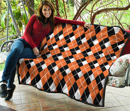 Orange White And Black Argyle Print Quilt