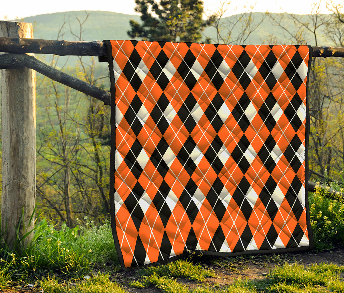 Orange White And Black Argyle Print Quilt