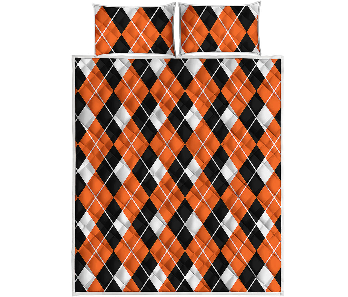 Orange White And Black Argyle Print Quilt Bed Set