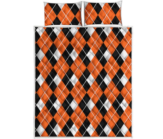 Orange White And Black Argyle Print Quilt Bed Set