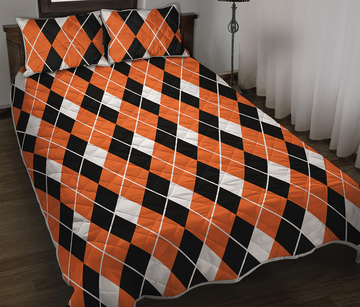 Orange White And Black Argyle Print Quilt Bed Set