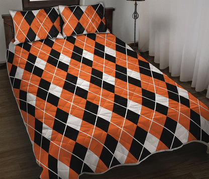 Orange White And Black Argyle Print Quilt Bed Set