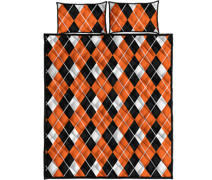 Orange White And Black Argyle Print Quilt Bed Set