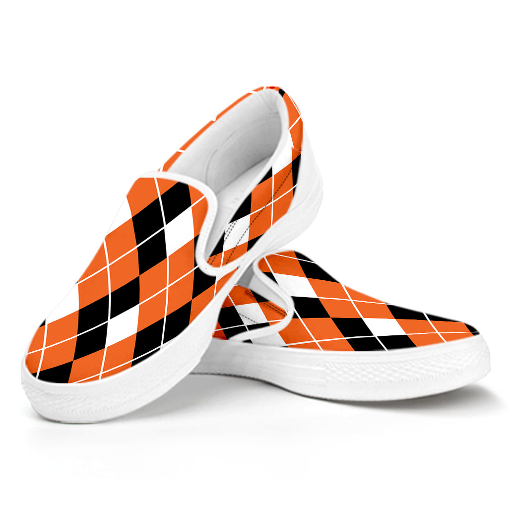 Orange White And Black Argyle Print White Slip On Shoes