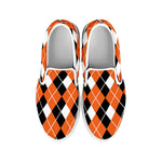 Orange White And Black Argyle Print White Slip On Shoes