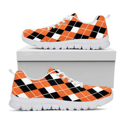 Orange White And Black Argyle Print White Sneakers