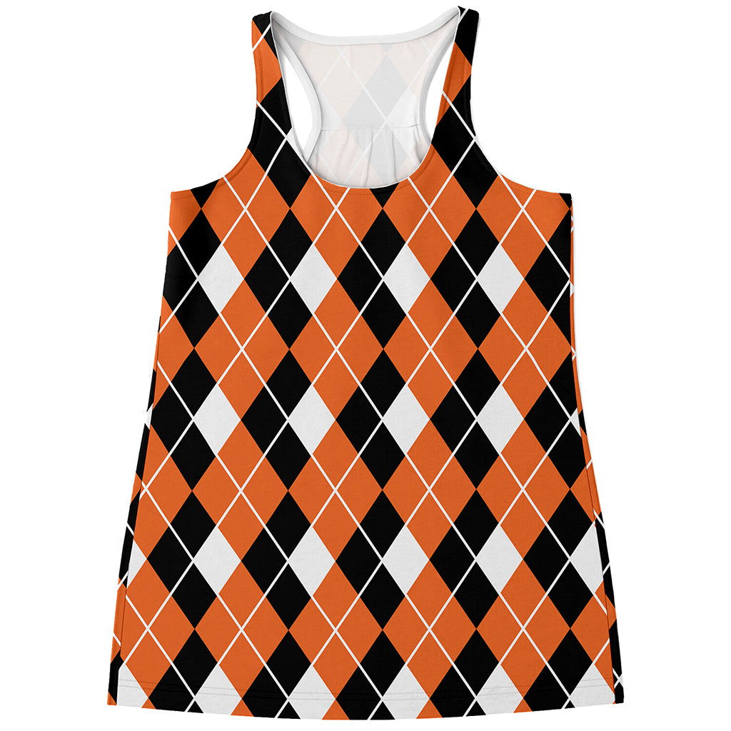 Orange White And Black Argyle Print Women's Racerback Tank Top