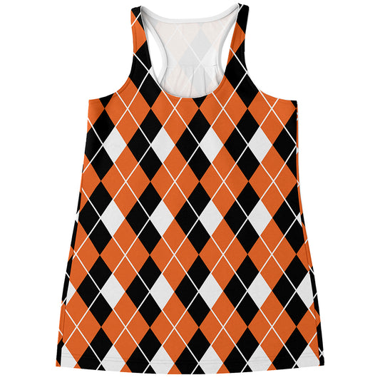 Orange White And Black Argyle Print Women's Racerback Tank Top