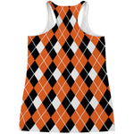 Orange White And Black Argyle Print Women's Racerback Tank Top